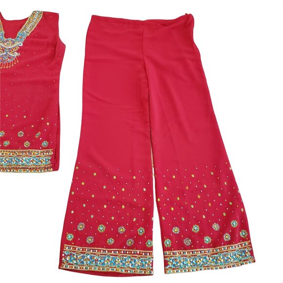 Red Ethnic Indian Tunic Top & Wide-Leg Pants Set Intricate Embroidery & Beading - Picture 9 of 11